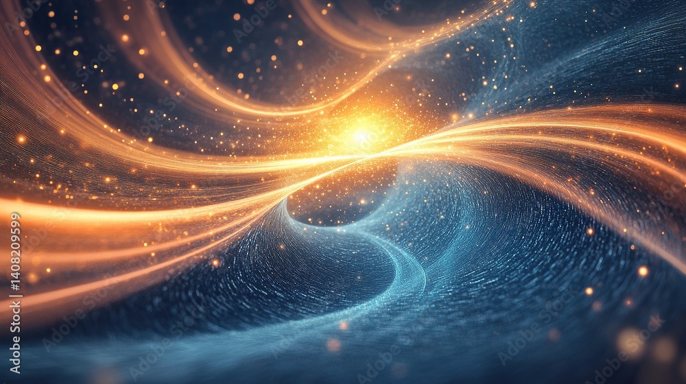 Poster dynamic particle streams flowing outward from a warped glowing core
