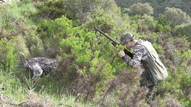 A man is hunting with a shotgun and a dog is following him. The dog is sniffing the ground and the man is looking ahead