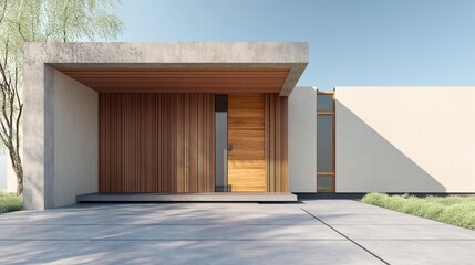 Modern minimalist building entrance with a tree, stone elements, and clean courtyard. Ideal for architecture portfolios, real estate listings, or urban design references. 