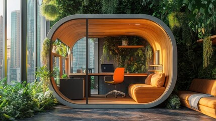 Fototapeta premium Biophilic Office Pod: Modern Workspace in Urban Oasis