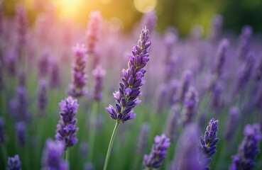 Obraz premium Close-up of lavender flowers. Purple blossoms in field, soft focus, spring, summer. Floral background for holiday cards, banners. Aromatherapy, spa, relaxation, cosmetics, beauty themes.