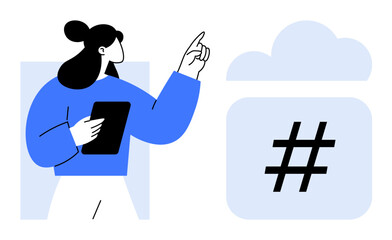 Woman holding tablet and pointing at cloud with metadata tag, symbolizing technology, social media, and trends. Ideal for networking, content creation, marketing, innovation, communication online