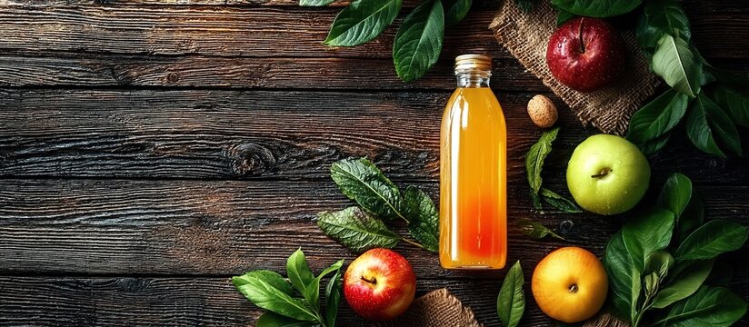 Apple cider vinegar bottle surrounded by fruits on dark wood. Ideal for health blogs, organic product ads, or recipe books.