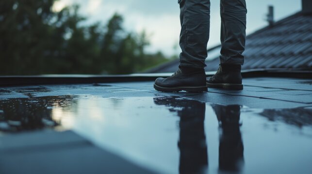 Roofing worker checking for leaks on a flat roof after rain. Featuring roof inspection and repair