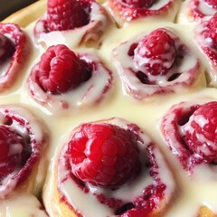 Delicious raspberry cinnamon rolls topped with a fresh lemon glaze at home, made by an amateur baker using a phone camera Generative AI