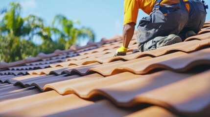 Hispanic roofer replacing broken tiles on a slanted roof. Featuring roof repair and tile replacement