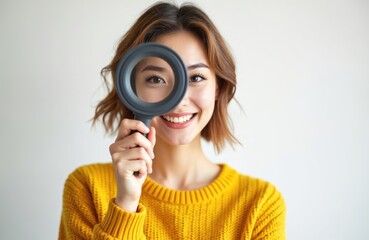 Obraz premium Pretty woman with brown hair in yellow sweater holds magnifier. Smiling cheerful face is framed with magnifying glass. Portrait on white background. Positive emotion, happy girl makes zoom in search.