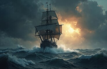 Fototapeta premium Illustration depicts a pirate ship sailing through a stormy sea. Dramatic dark clouds and sunset light add a sense of danger and adventure. Waves crash, pirate ship struggles against elements.