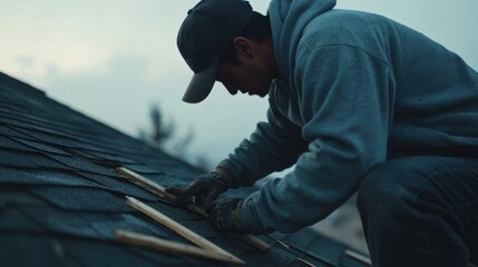 Hispanic roofer replacing damaged roof shingles after a storm. Featuring roofing repair and home maintenance