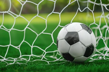 Goal. Soccer ball in a net on a stadium background. Football ball in goal net on a stadium background. Goal. Soccer Football Concept with copy space. Sport concept with copy space.