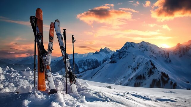 Skis planted in snow with sunset-lit mountains. Targets winter travel ads, sports gear catalogs, or outdoor adventure content. 