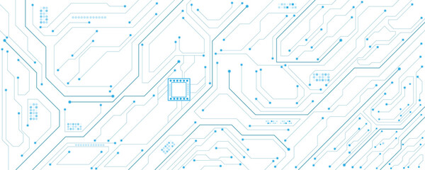 Abstract technology circuit diagram on white and blue background.
