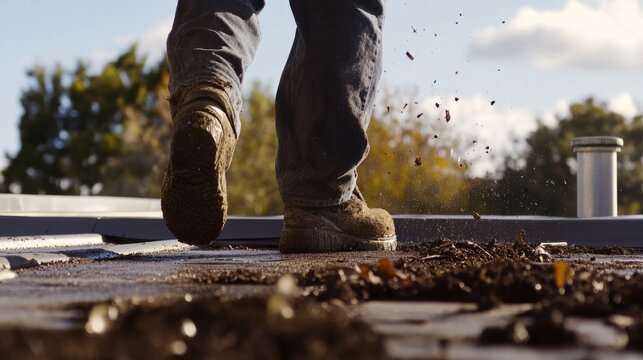 Roofing worker cleaning debris off a roof. Featuring efficiency and safety