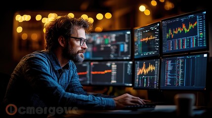 A man is working at his computer with stock market data