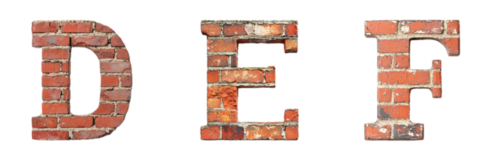 Letters D, E and F made with bricks. Wall letters. tropical floral motifs. Evoque Urban style, grunge, and Industrial. Alphabet and typography. Transparent PNG	