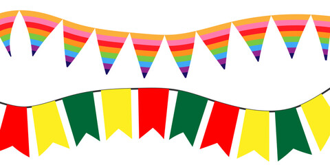 Obraz premium Colorful bunting flags with Confetti and ribbons for birthday, celebration, carnival, anniversary and holiday party on white background. festival and bright decoration. Vector illustration. eps10 1111