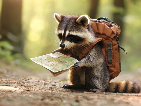 A raccoon pauses on a forest path, backpack on, engrossed in deciphering a detailed map, navigating through the sun-dappled woods.