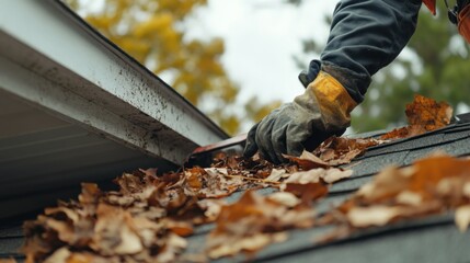 Roofing worker cleaning roof debris after a storm. Featuring storm cleanup and roof care