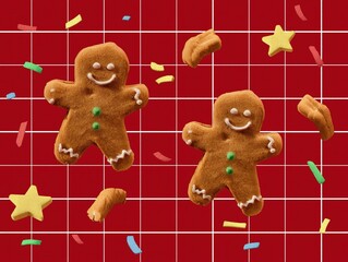 Fototapeta premium Gingerbread Men and Star Shaped Cookies on Red Grid with Festive Confetti