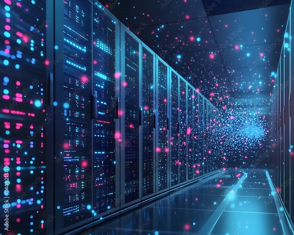 Poster an immersive view of a futuristic data center, featuring rows of illuminated servers and vibrant dig
