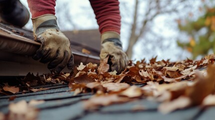 Roofing worker cleaning roof debris after a storm. Featuring storm cleanup and roof care