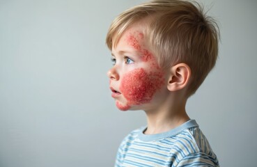 Portrait of young boy with severe allergic reaction eczema on face. Red inflamed skin rash. Child atopic dermatitis, dermatology problem. Healthcare medical concept of skin irritation, allergy