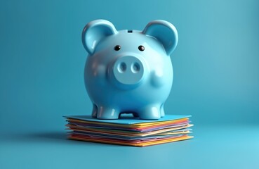 Blue piggy bank stands on colorful files stack on blue background. Concept of financial savings, money box, finance, investment. Budget, economy, wealth accumulation, banking, business.