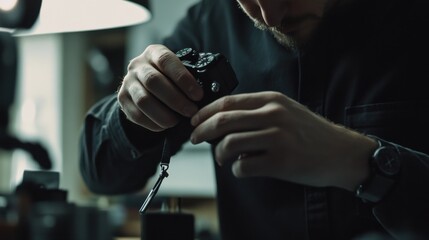 Photographer adjusting camera settings before a portrait shoot. Featuring focus and professionalism