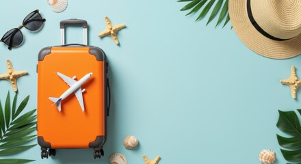 Orange suitcase with airplane icon sunglasses hat and starfish on blue background.