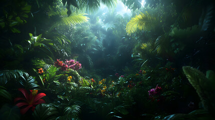 Obraz premium A tropical rainforest filled with exotic blossoms.