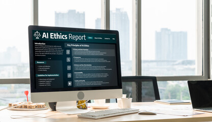AI ethics responsibility standard law and rules on computer screen provide report of AI ethic...