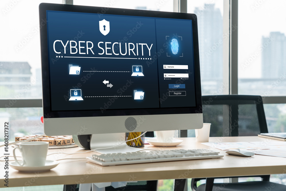 Poster cyber security system on computer screen protect private information snugly from hacker and cyber at