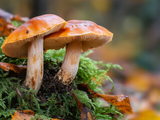 Fototapeta premium Mushrooms Growing in Forest Moss, Autumn Mushrooms in Leaf Litter