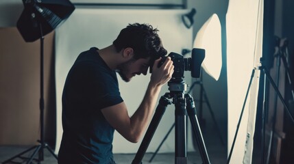 Photographer adjusting camera settings for a professional portrait. Featuring precision and focus