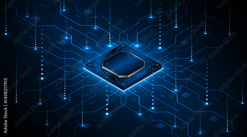 Poster Microchip processor circuit board technology on dark blue background. Information Processing Concept. Circuit board hi-tech technology background. vector illustration	