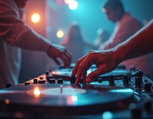 DJ plays music at hip hop party with analog turntable. Image captures close-up view of DJ hand on vinyl disc. Retro audio technology, scratching and mixing music on console during performance at club.