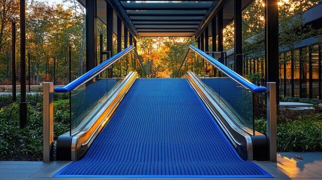 Smooth slope ramp with blue guiding edge and reflective handrails in inclusive design