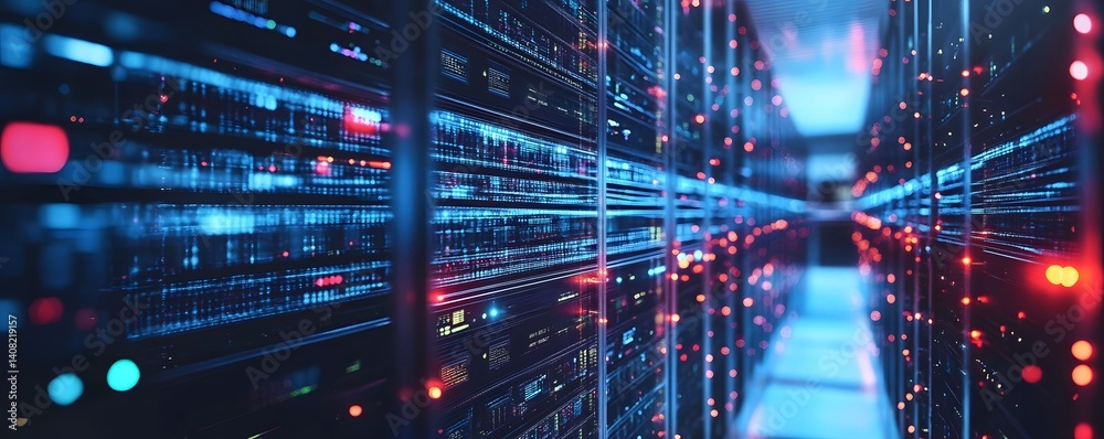 Poster a dynamic view inside a modern data center with rows of servers and vibrant lights, symbolizing the 
