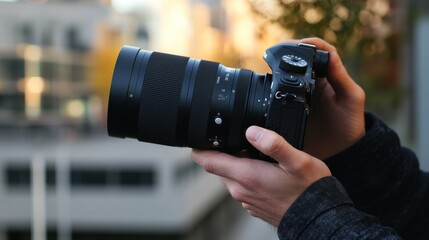 Photographer adjusting camera settings while framing a perfect outdoor shot. Featuring focus and expertise