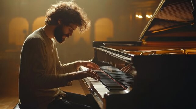 Pianist playing a grand piano with expressive and skillful touch. Featuring elegance and emotion
