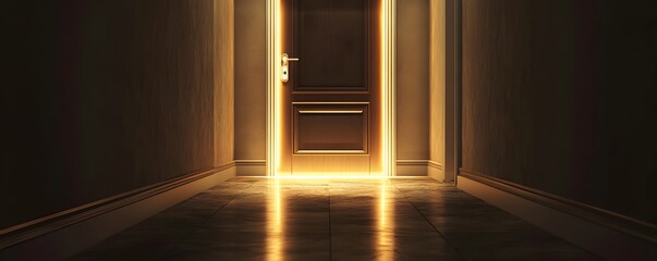 A dimly lit corridor with an open door emitting a warm glow. This image symbolizes opportunity, hope, and new beginnings, inviting viewers to step into the unknown.