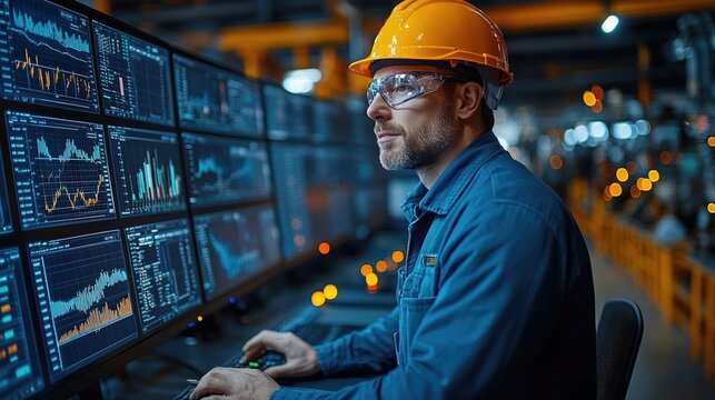 A technician monitors data from several screens in a factory setting