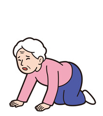 転倒して膝折れして痛そうに四つん這いになったおばあさんの教材タッチのベクターイラスト(Educational-style vector illustration of an elderly woman who has fallen, collapsed to her knees, and is painfully on all fours)