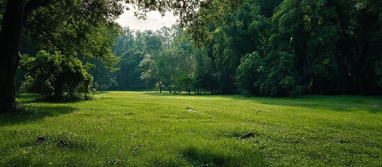 Naklejka premium Sunlit meadow surrounded by dense trees. Used in environmental campaigns/nature photography. Symbolizes peace, ecological beauty, and the need to cherish natural spaces.