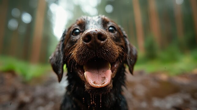 A cheerful dog with a wet nose and happy expression stands amidst a lush green forest, showcasing the joyful bond between pets and nature in a serene environment.