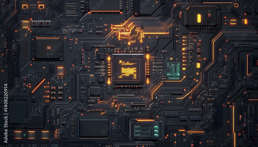 Poster a close-up view of a complex computer circuit board, showcasing intricate circuits and components il