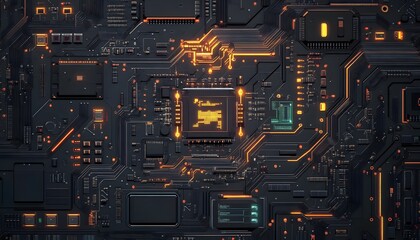 A close-up view of a complex computer circuit board, showcasing intricate circuits and components illuminated by orange and green lights, symbolizing advanced technology and innova