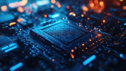 Close-up of a Futuristic Circuit Board with Glowing Components