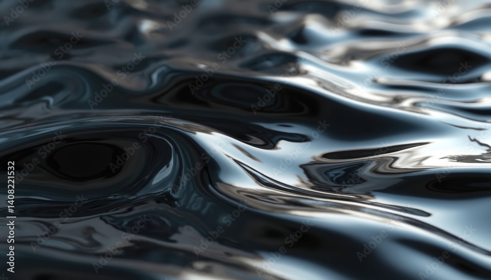 Poster Abstract metal texture background liquid waves. Generative ai 3d render with flowing curves. Metallic chrome surface with glossy reflections. Wavy fluid gradient texture.