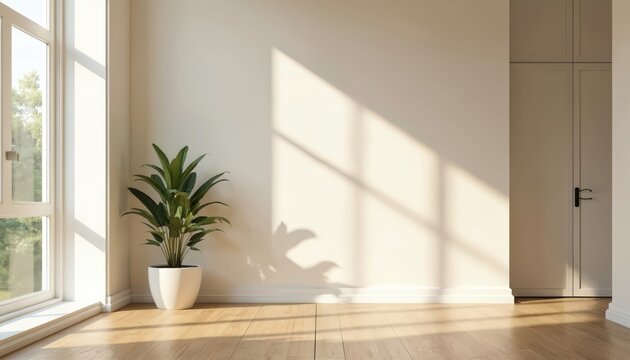 Empty room with beige wall, big window. Sunlight creates shadows. Potted plant in white pot, wooden floor. Interior design for virtual background. Modern minimalist design.